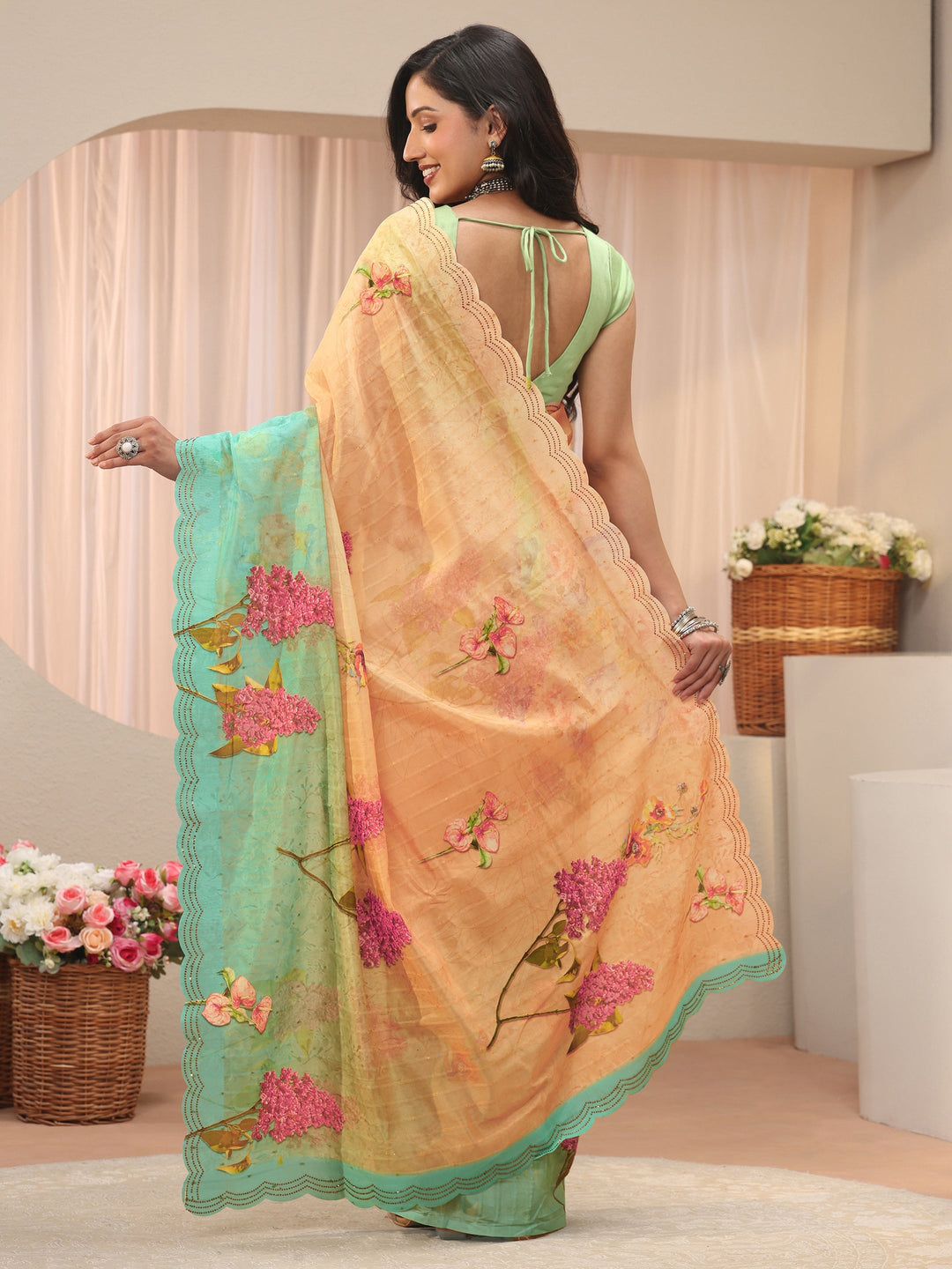  Beige Floral Printed Organza Saree 