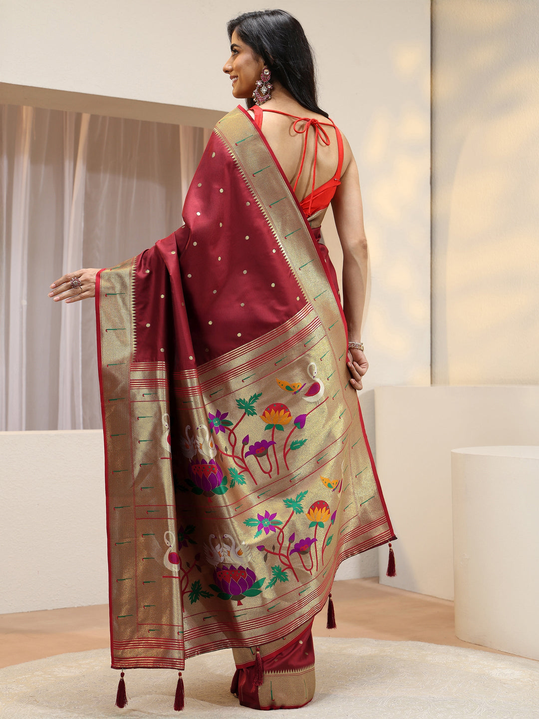  Rust Red Silk Blend Paithani Saree 