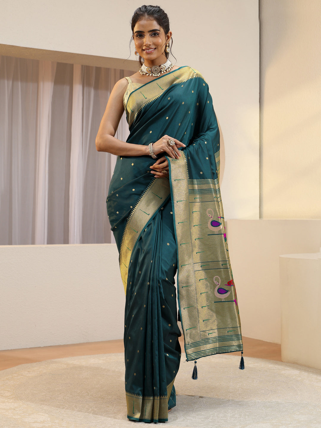  Teal Green Silk Blend Paithani Saree 