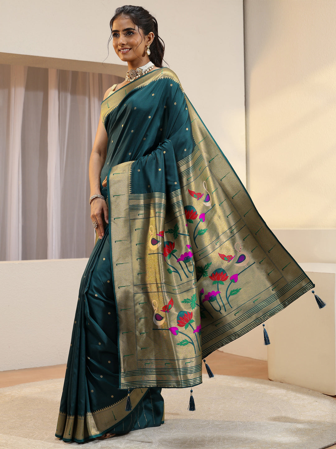  Teal Green Silk Blend Paithani Saree 