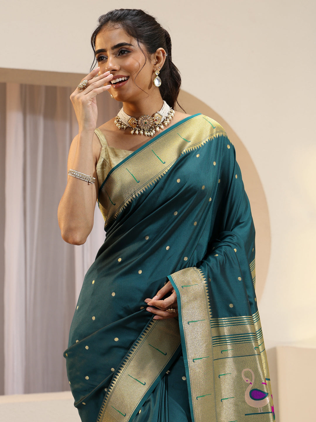  Teal Green Silk Blend Paithani Saree 