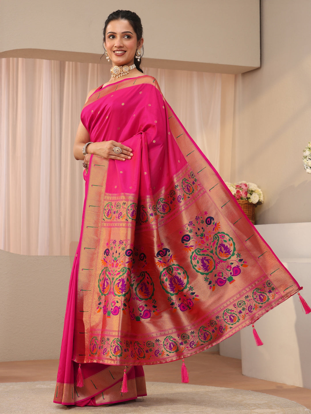  Pink Ethnic Motif Self Design Silk Blend Saree 