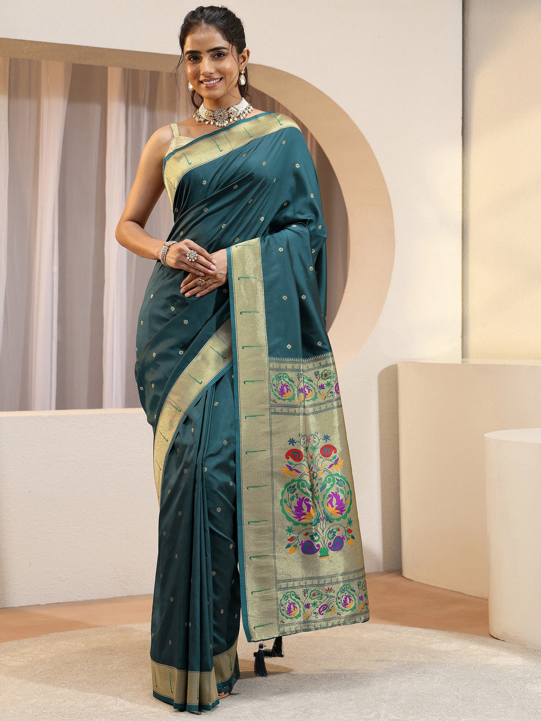  Teal Blue Silk Blend Paithani Saree 