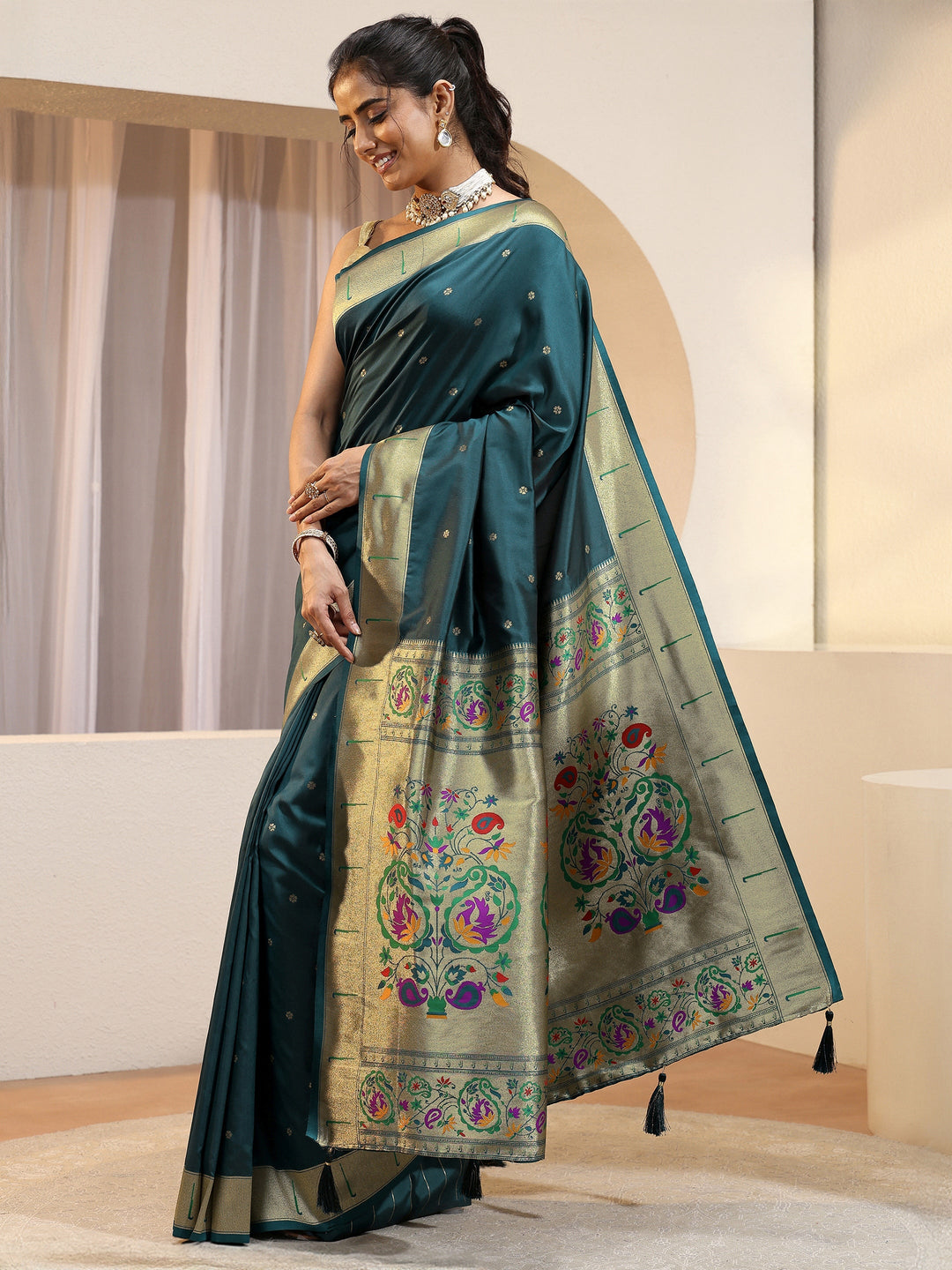  Teal Blue Silk Blend Paithani Saree 