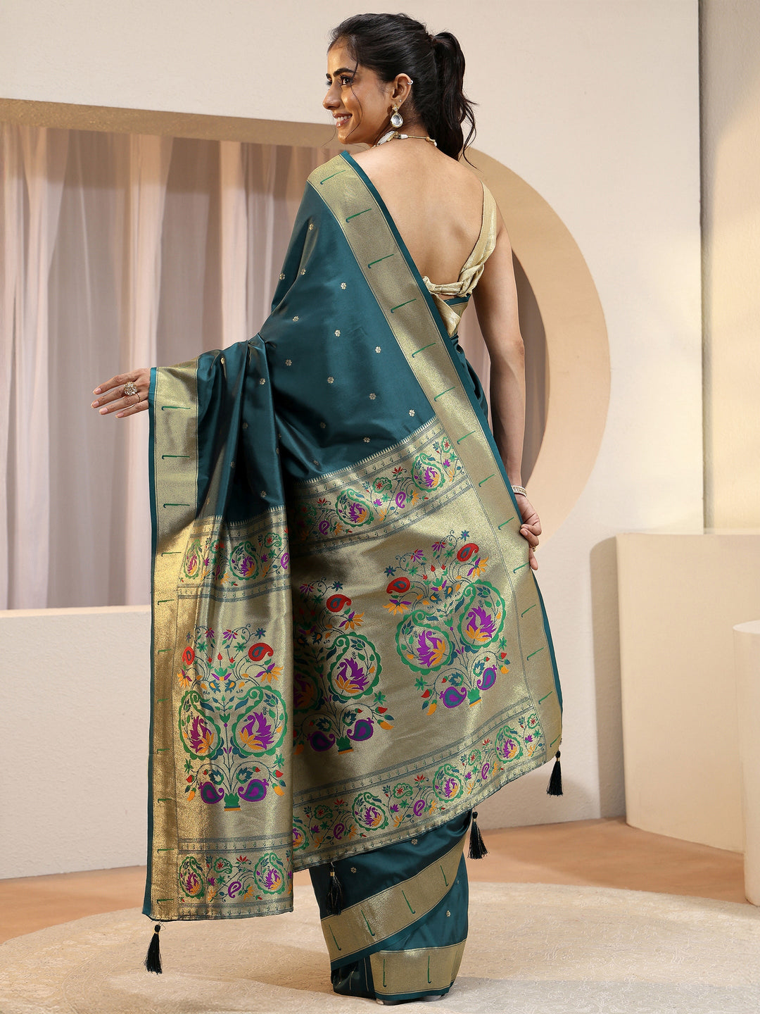  Teal Blue Silk Blend Paithani Saree 