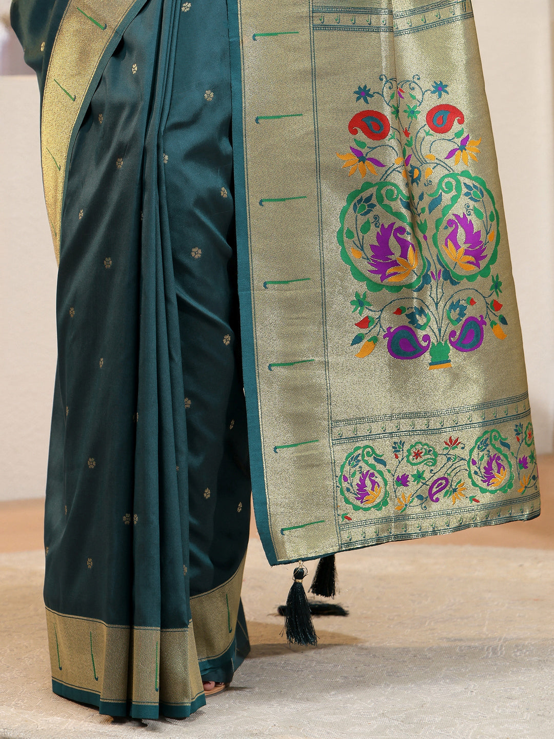  Teal Blue Silk Blend Paithani Saree 