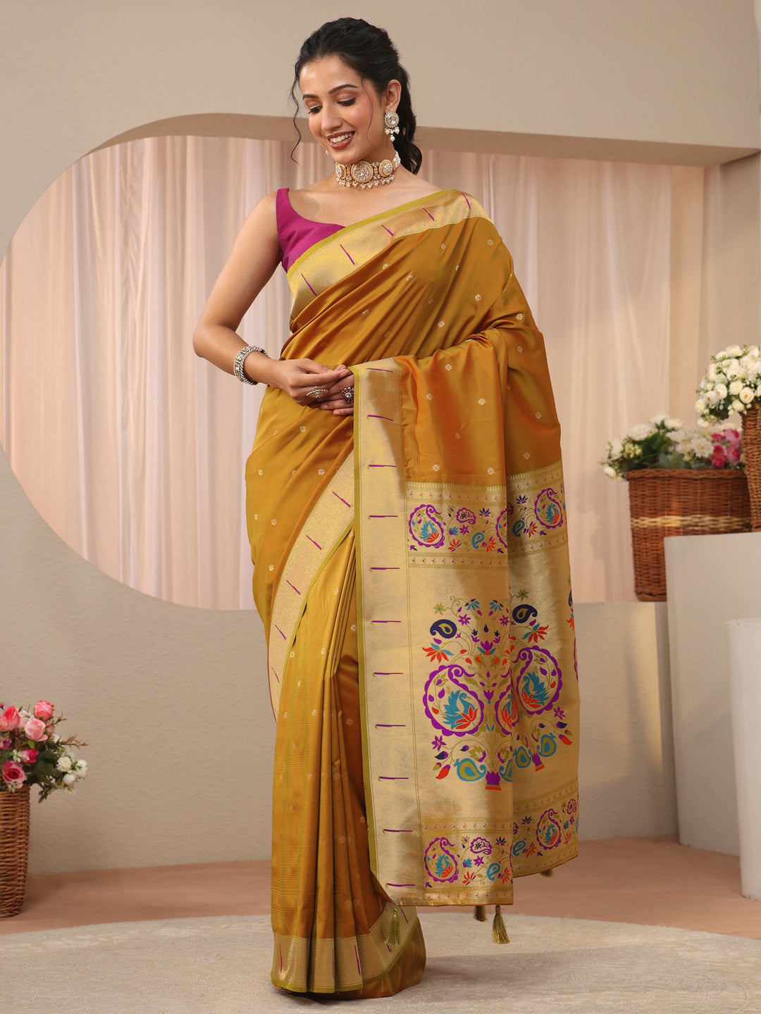  Mustard Ethnic Motif Self Design Silk Blend Saree 