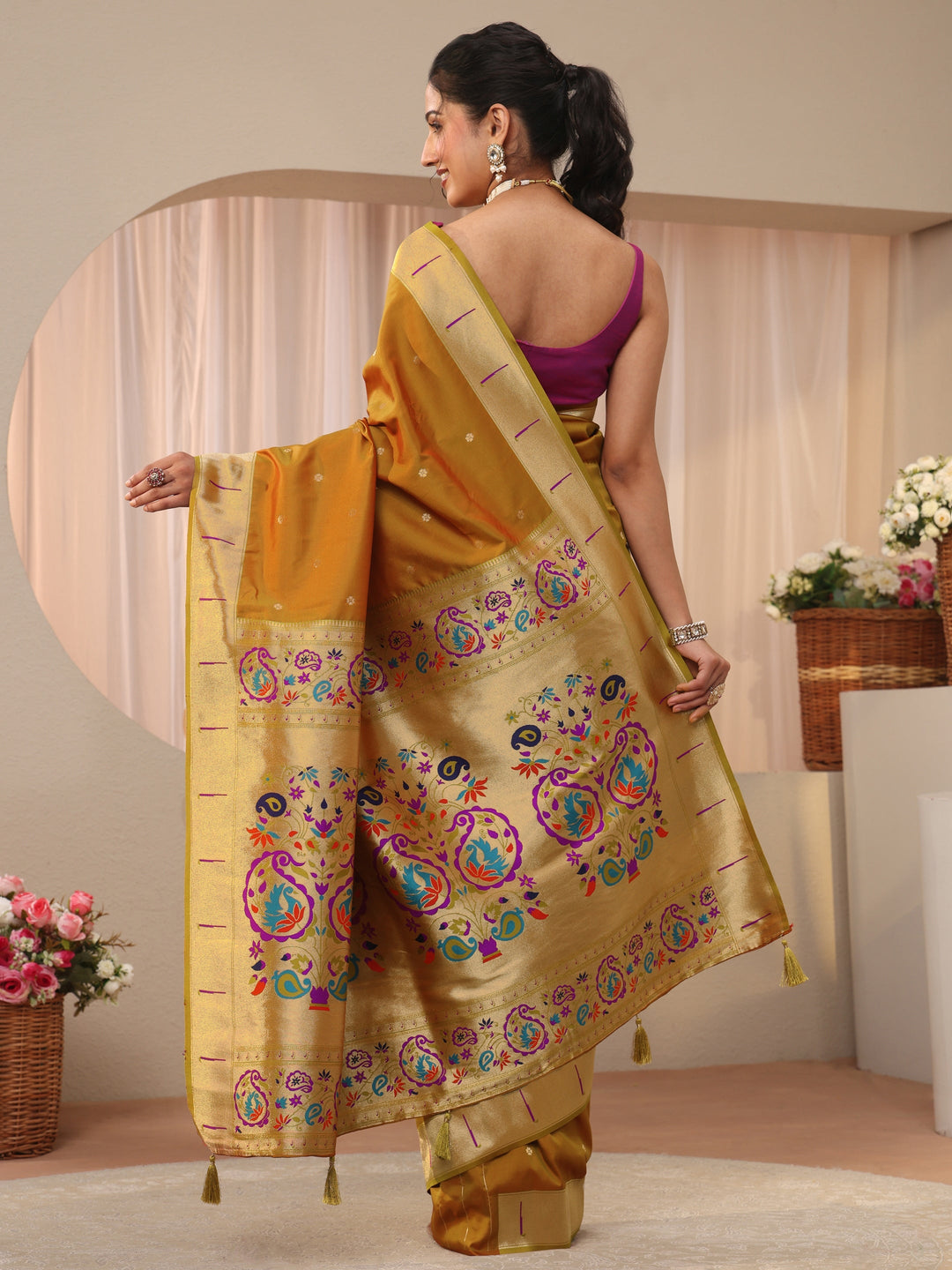  Mustard Ethnic Motif Self Design Silk Blend Saree 