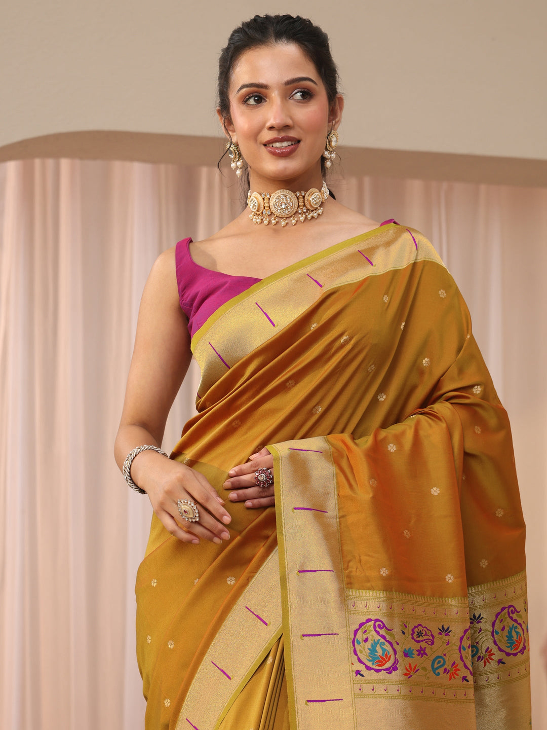  Mustard Ethnic Motif Self Design Silk Blend Saree 