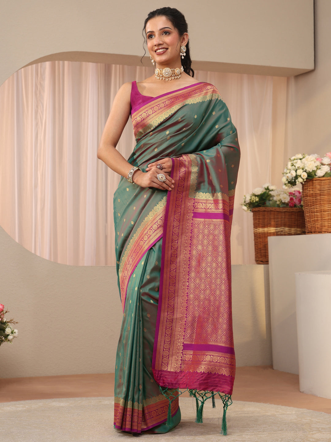  Green Ethnic Motif Self Design Silk Blend Saree 