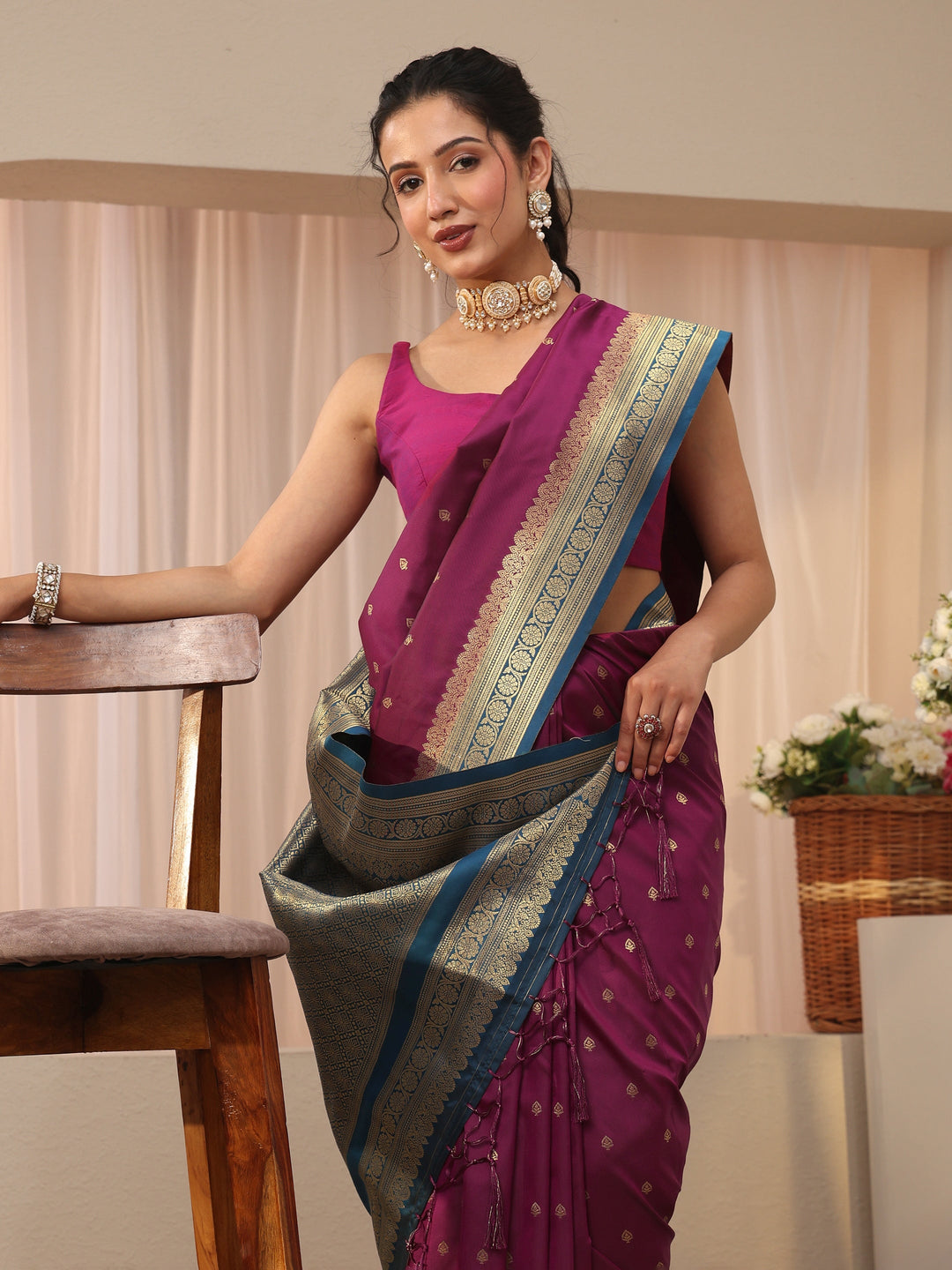  Burgundy Ethnic Motif Self Design Silk Blend Saree 