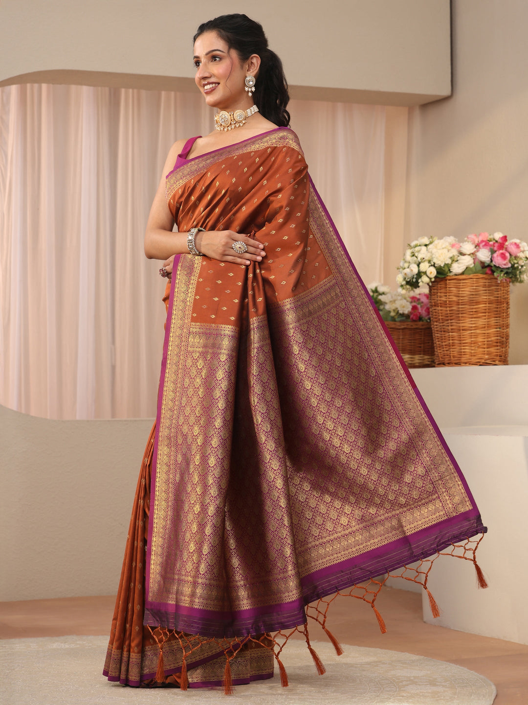  Libas Rust Kanjeevaram Silk Blend Saree 