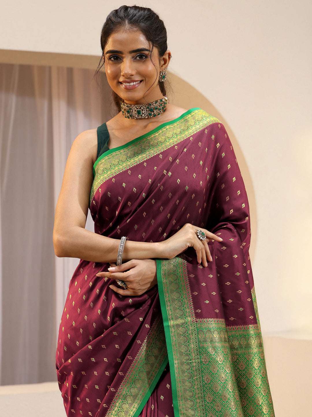  Maroon Ethnic Woven Design Silk Blend Saree 