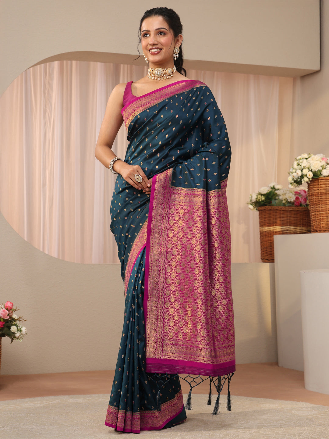  Libas Navy Blue Kanjeevaram Silk Blend Saree 