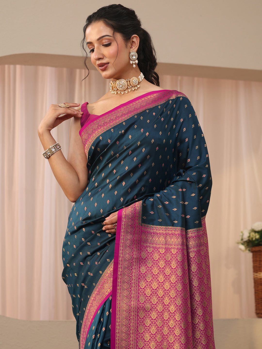  Libas Navy Blue Kanjeevaram Silk Blend Saree 
