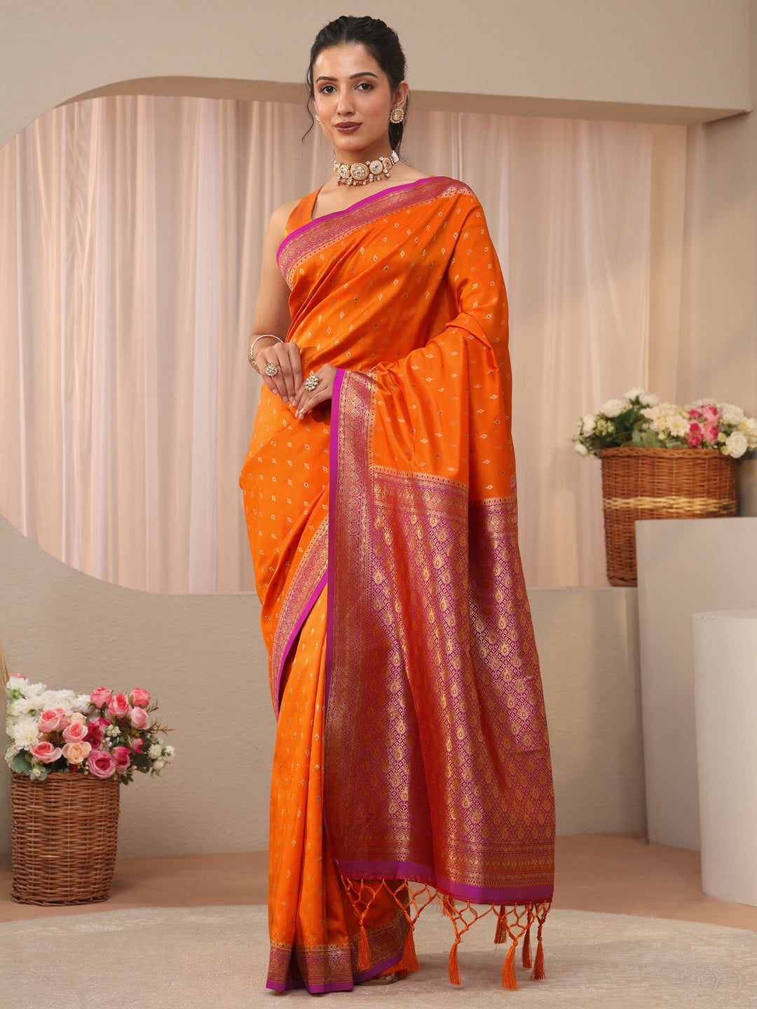  Libas Orange Kanjeevaram Silk Blend Saree 