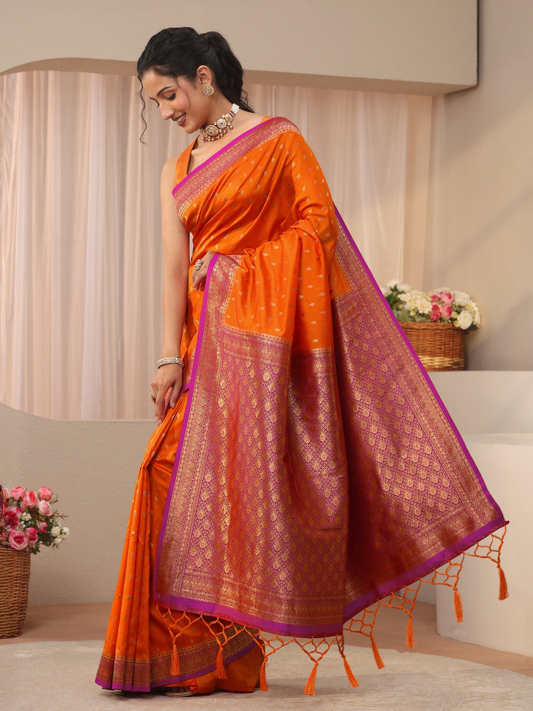  Libas Orange Kanjeevaram Silk Blend Saree 
