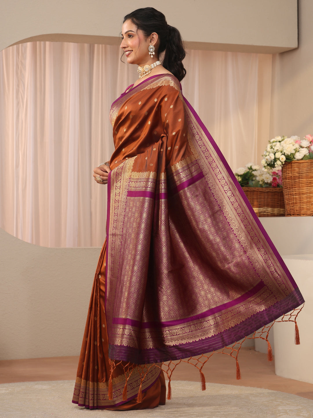  Libas Rust Kanjeevaram Silk Blend Saree 