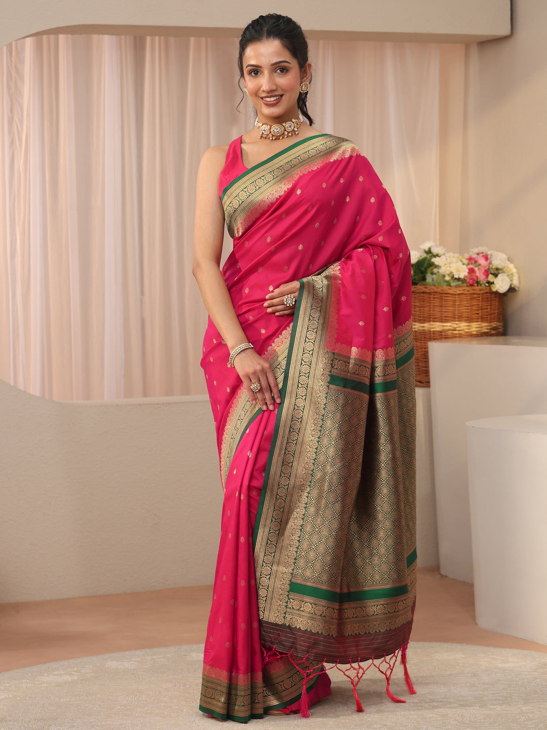  Pink Ethnic Motif Self Design Silk Blend Saree 