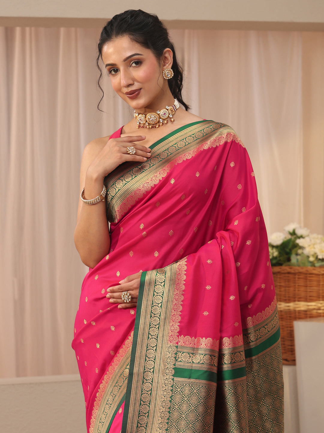  Pink Ethnic Motif Self Design Silk Blend Saree 