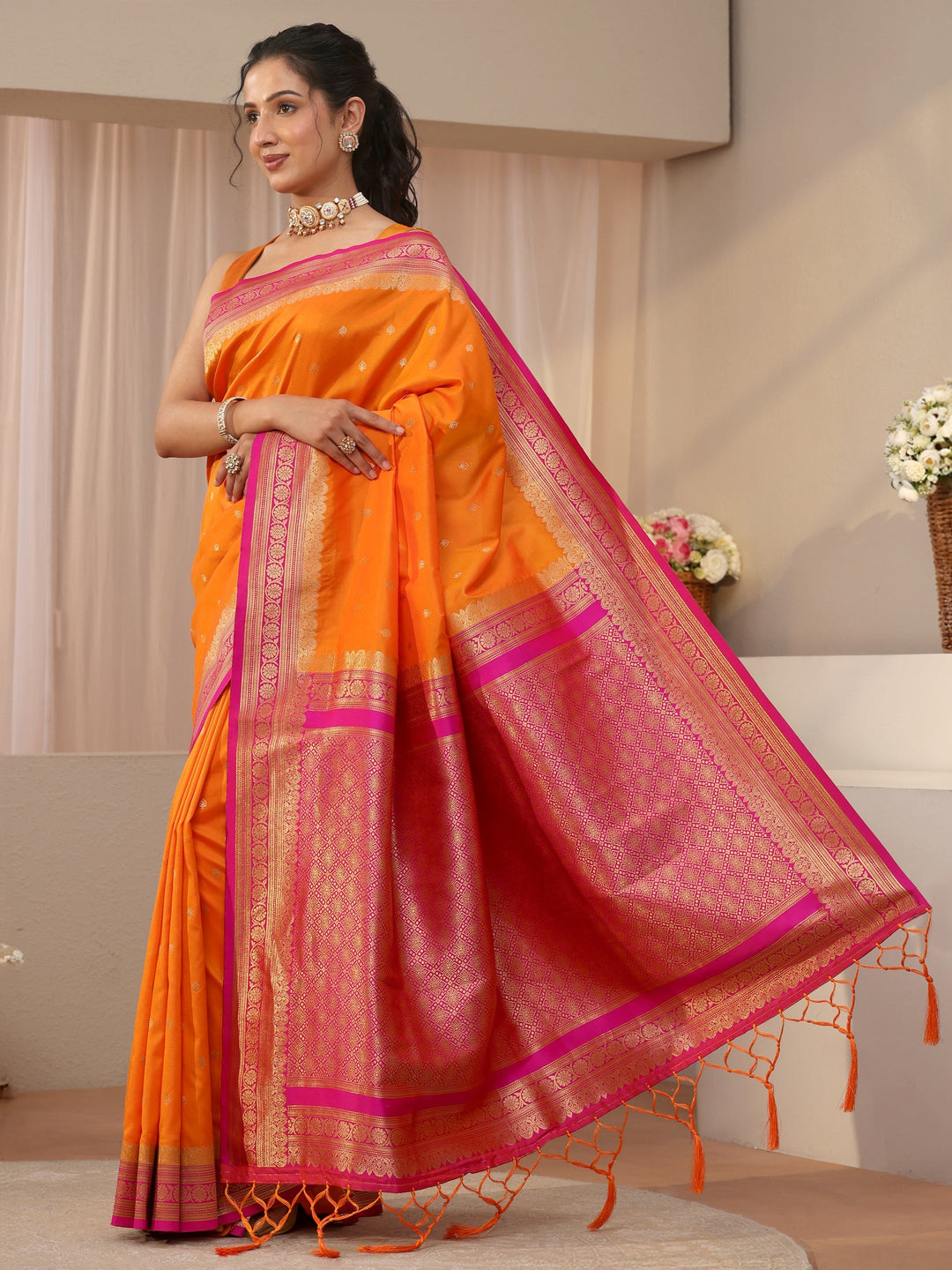 Libas Orange Kanjeevaram Silk Blend Saree 