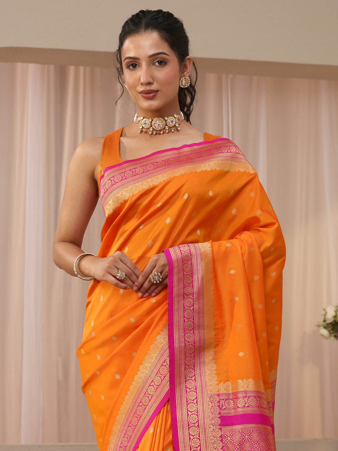  Libas Orange Kanjeevaram Silk Blend Saree 