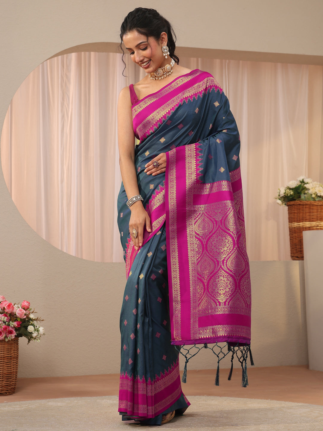  Navy Blue Ethnic Motif Self Design Silk Blend Saree 