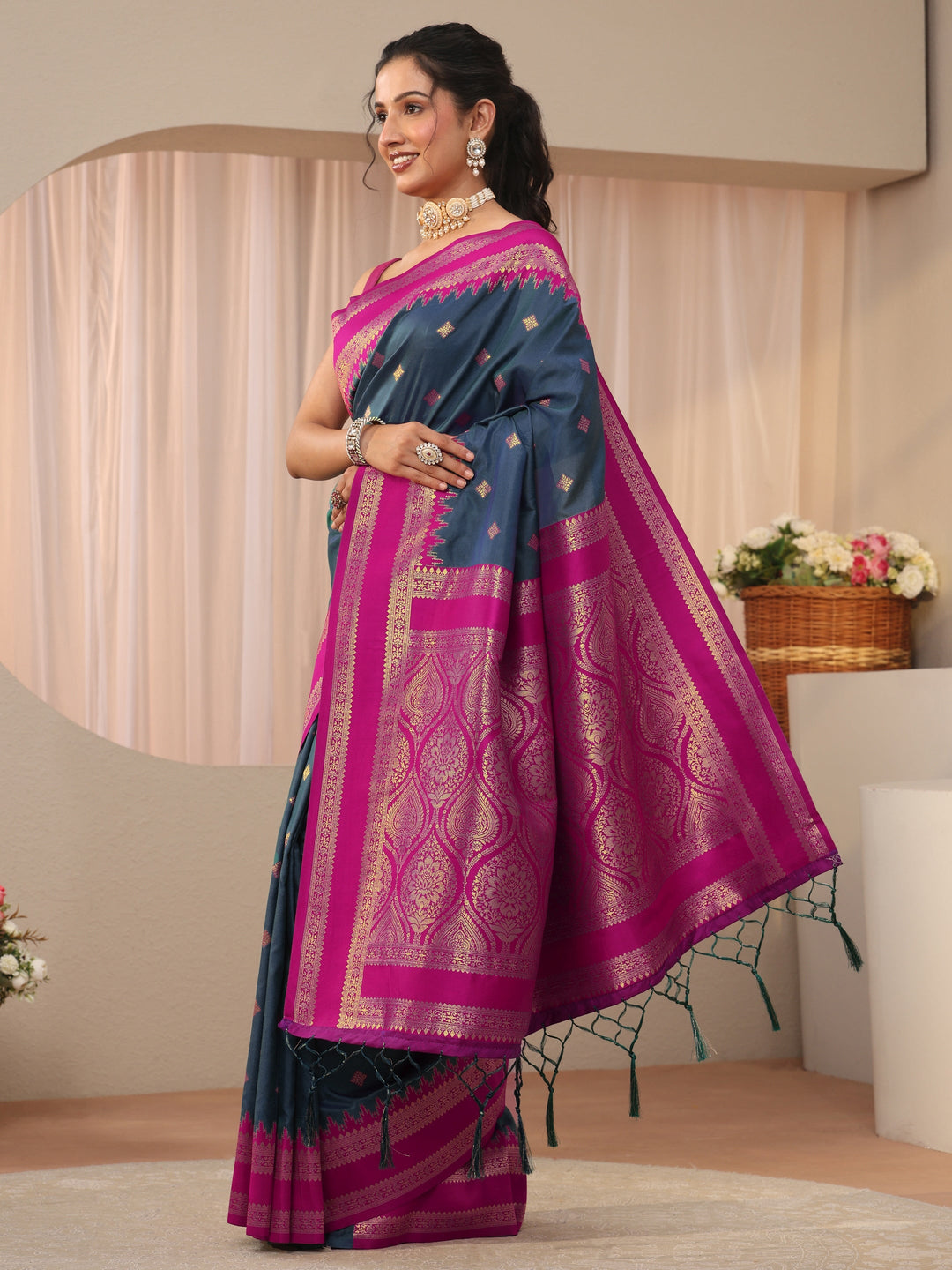  Navy Blue Ethnic Motif Self Design Silk Blend Saree 