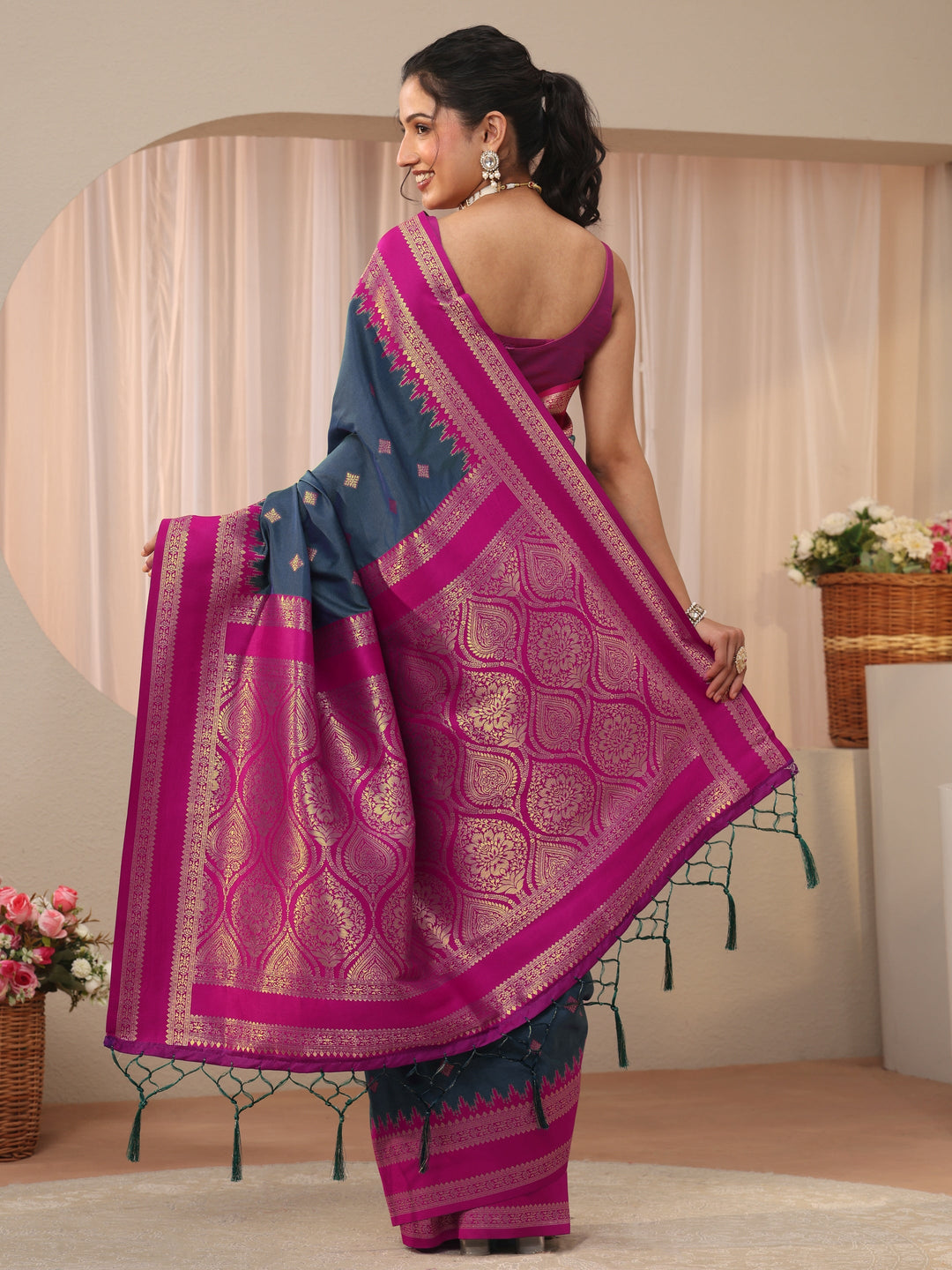  Navy Blue Ethnic Motif Self Design Silk Blend Saree 