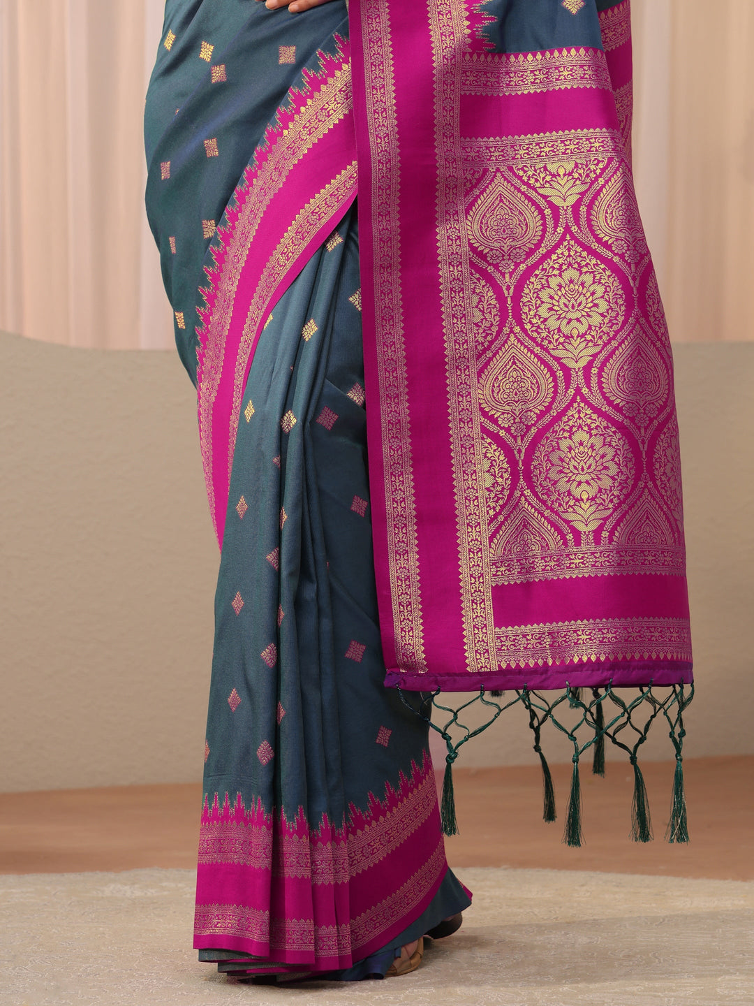  Navy Blue Ethnic Motif Self Design Silk Blend Saree 