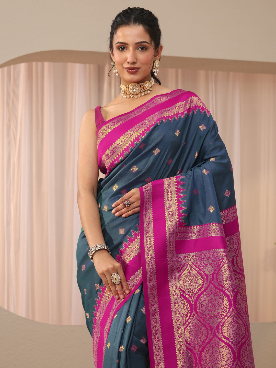  Navy Blue Ethnic Motif Self Design Silk Blend Saree 