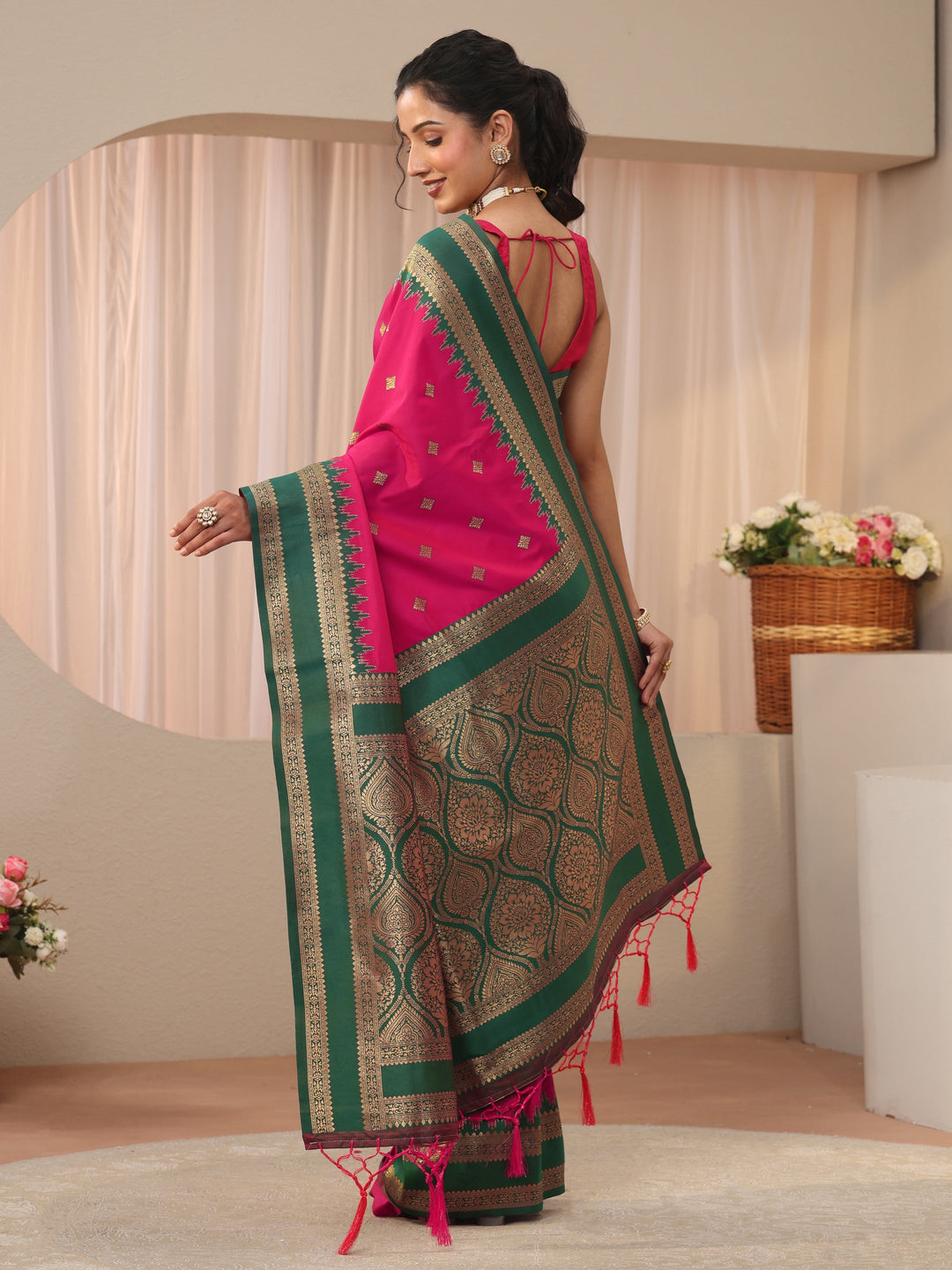  Pink Ethnic Motif Self Design Silk Blend Saree 