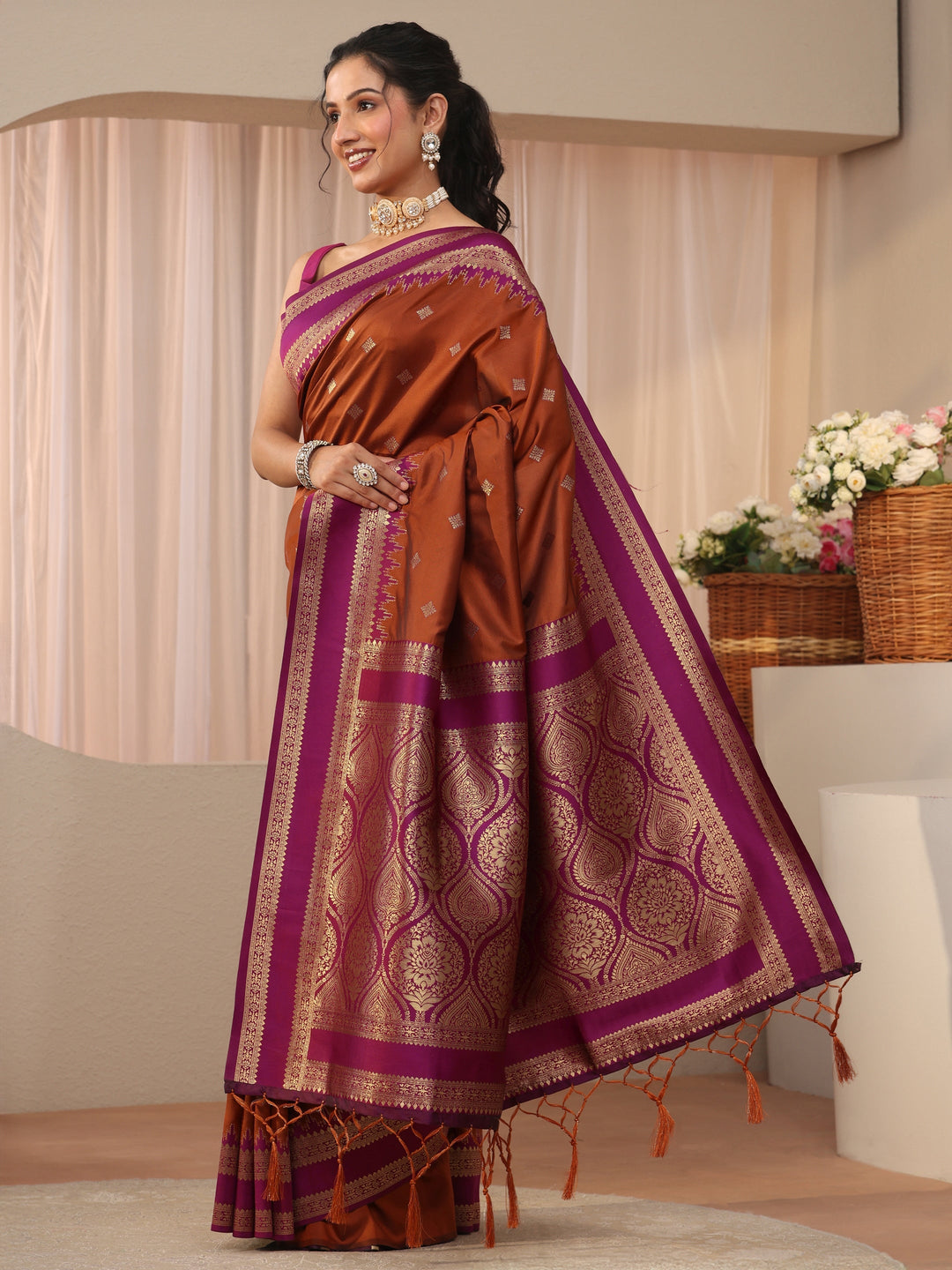  Libas Rust Kanjeevaram Silk Blend Saree 
