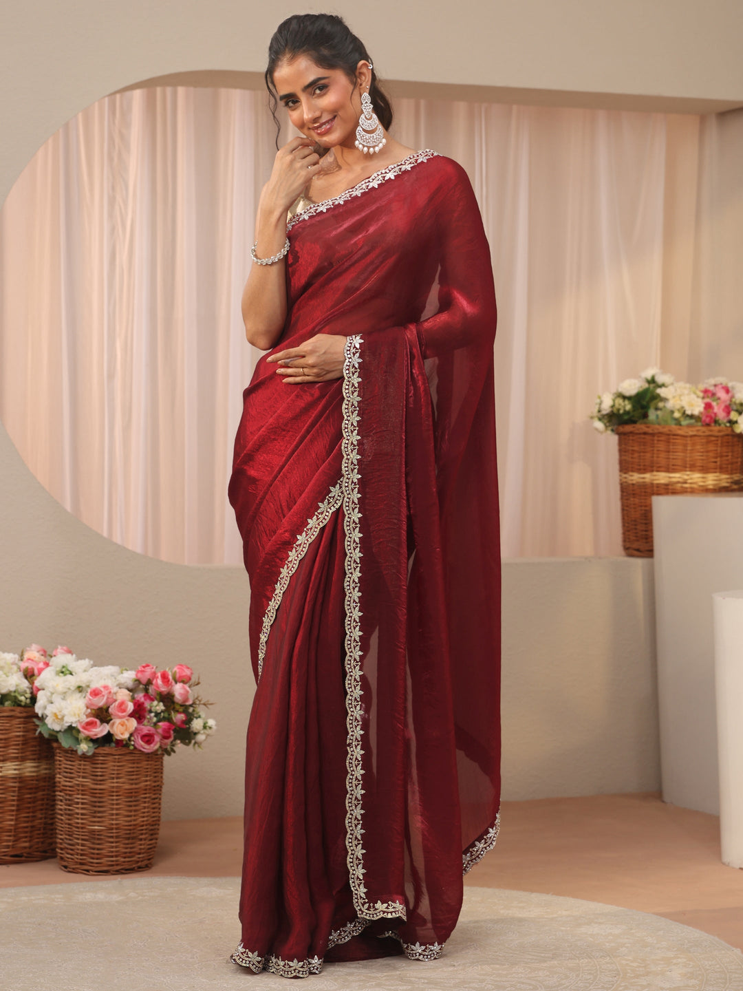  Maroon Solid Tissue Saree 