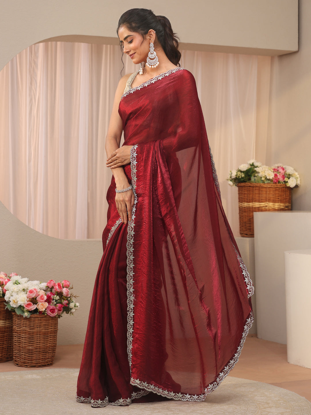 Maroon Solid Tissue Saree 