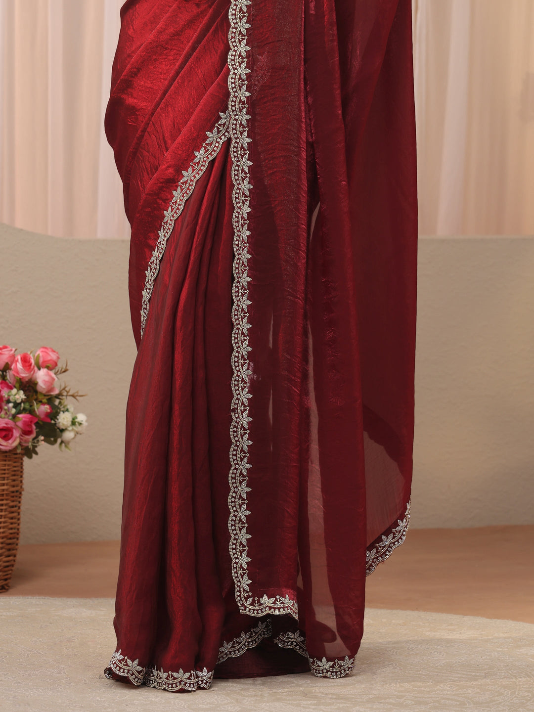  Maroon Solid Tissue Saree 