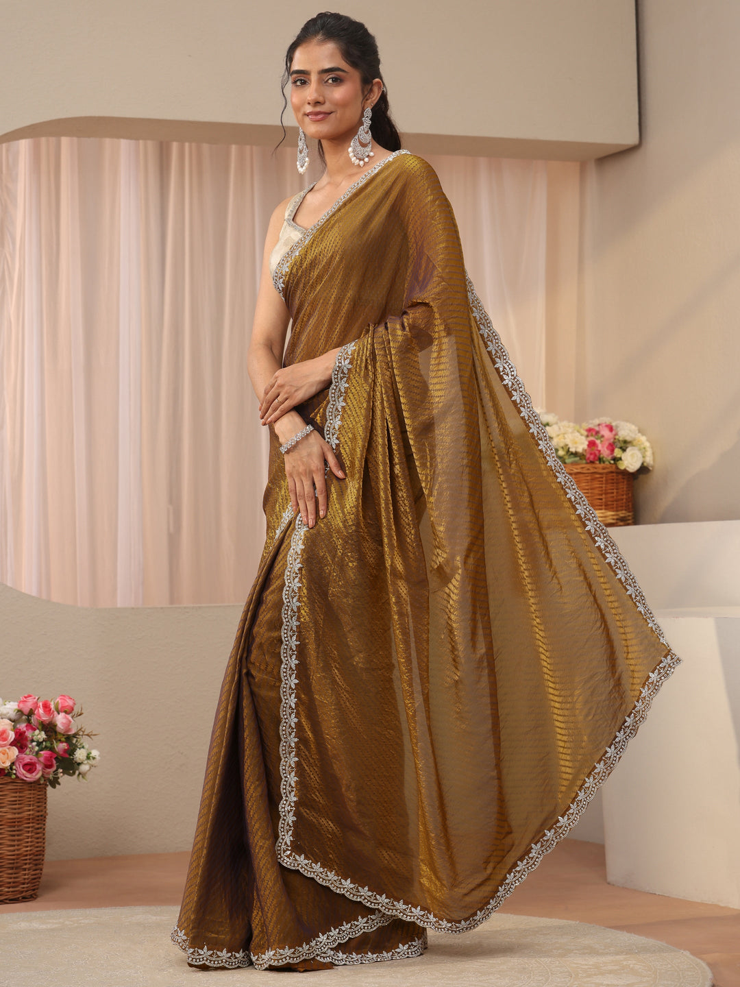  Green Leheriya Printed Tissue Saree 