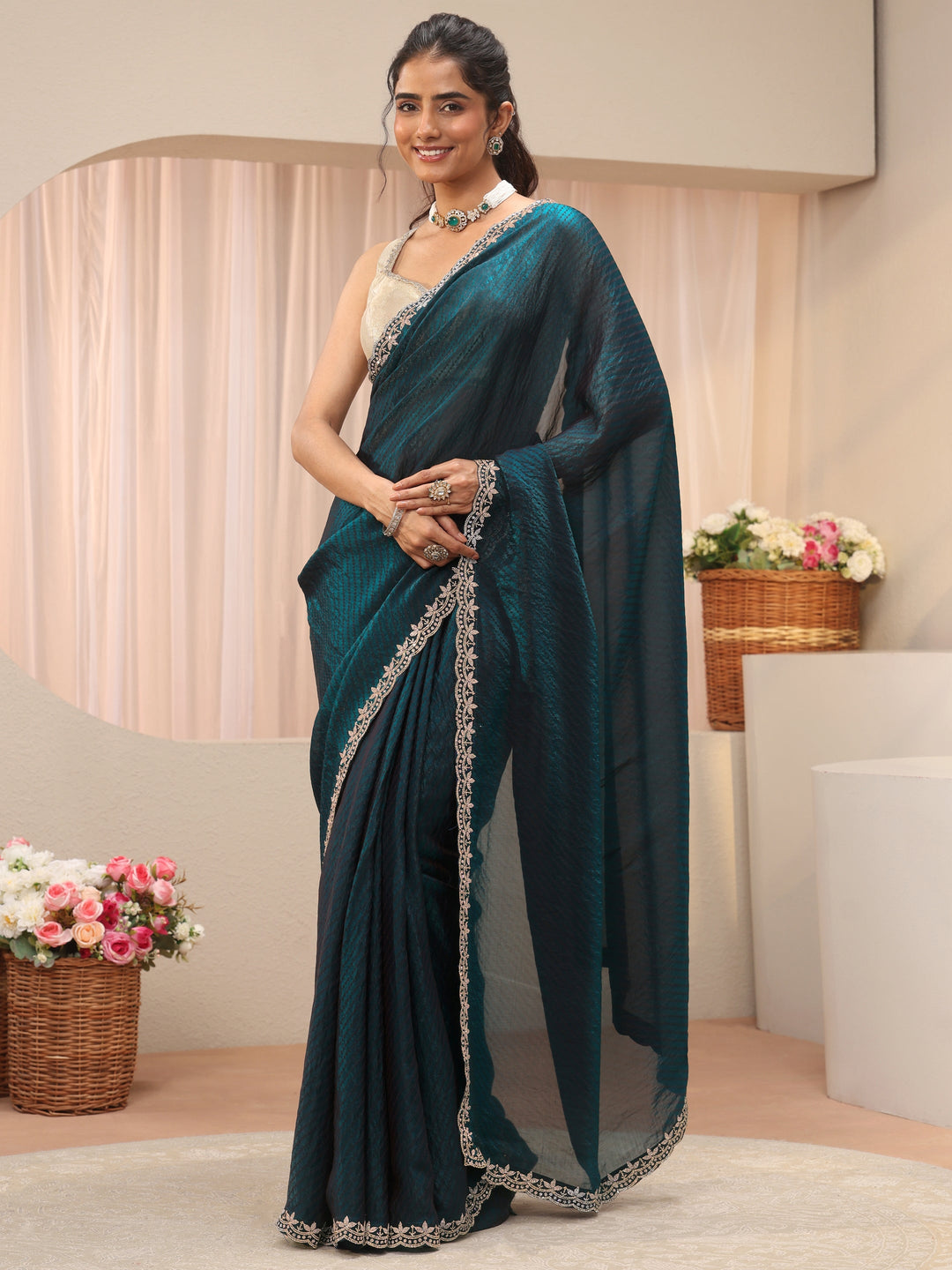  Teal Leheriya Printed Tissue Saree 