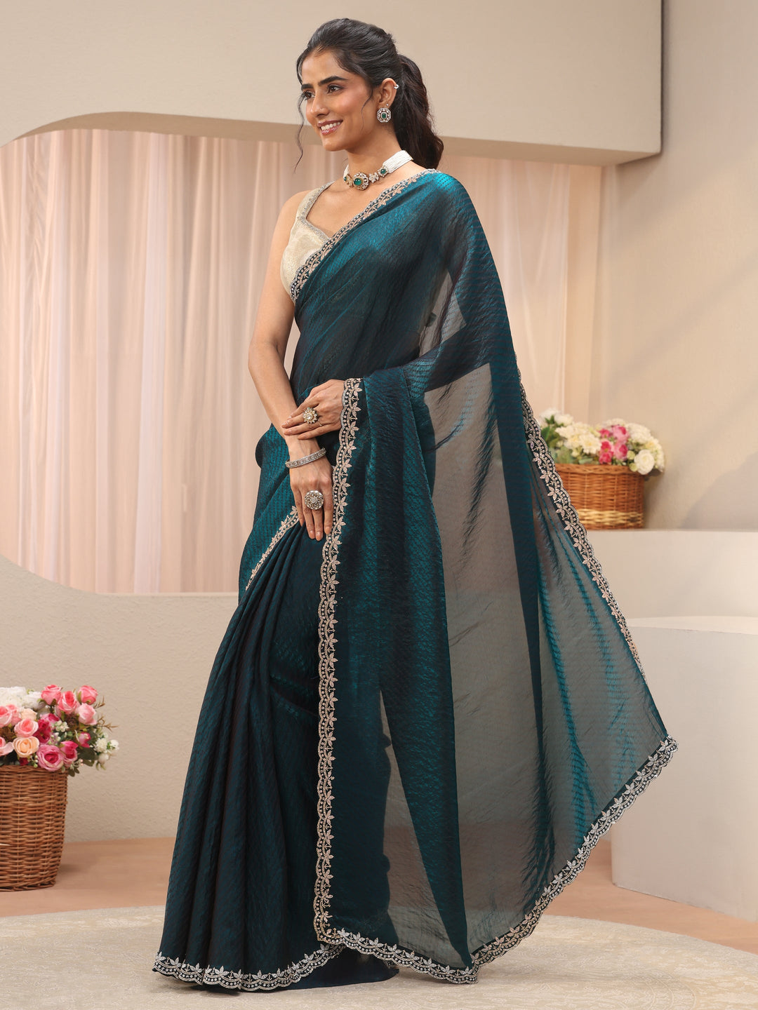  Teal Leheriya Printed Tissue Saree 