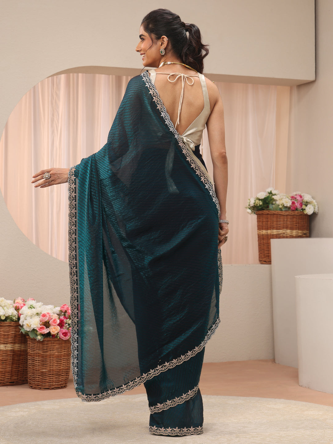  Teal Leheriya Printed Tissue Saree 
