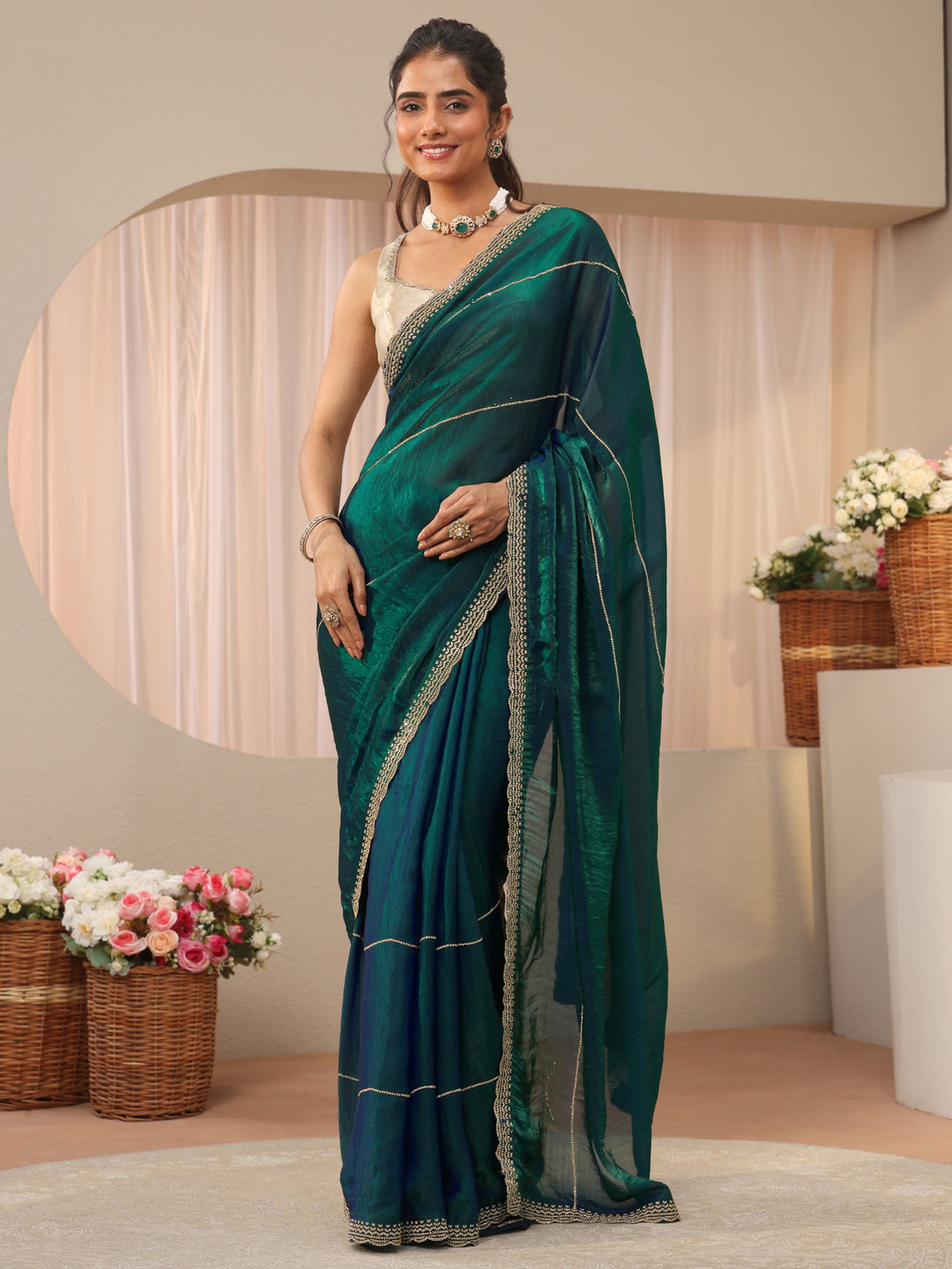 Green Embellished Tissue Saree 
