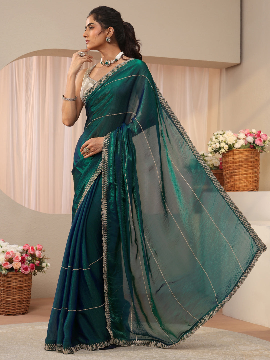  Green Embellished Tissue Saree 