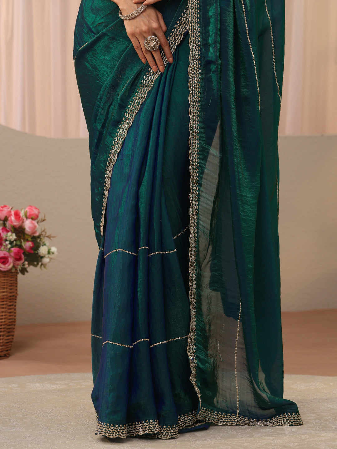  Green Embellished Tissue Saree 