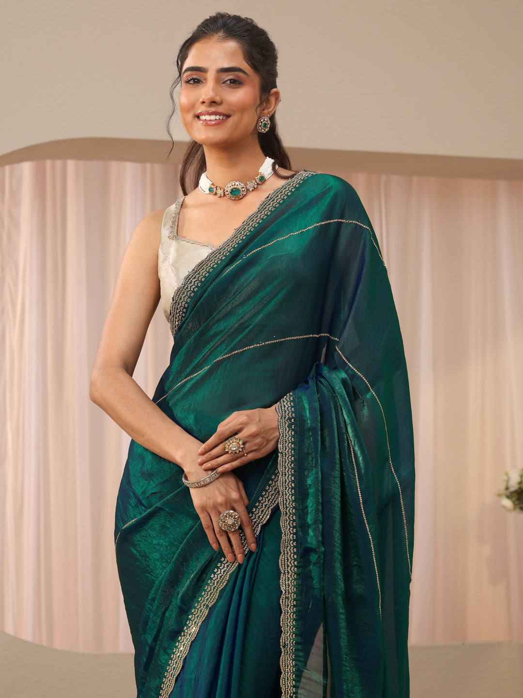  Green Embellished Tissue Saree 