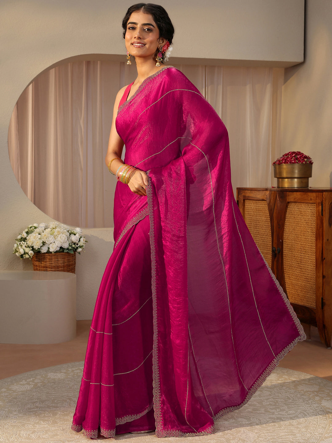  Pink Embellished Tissue Saree 