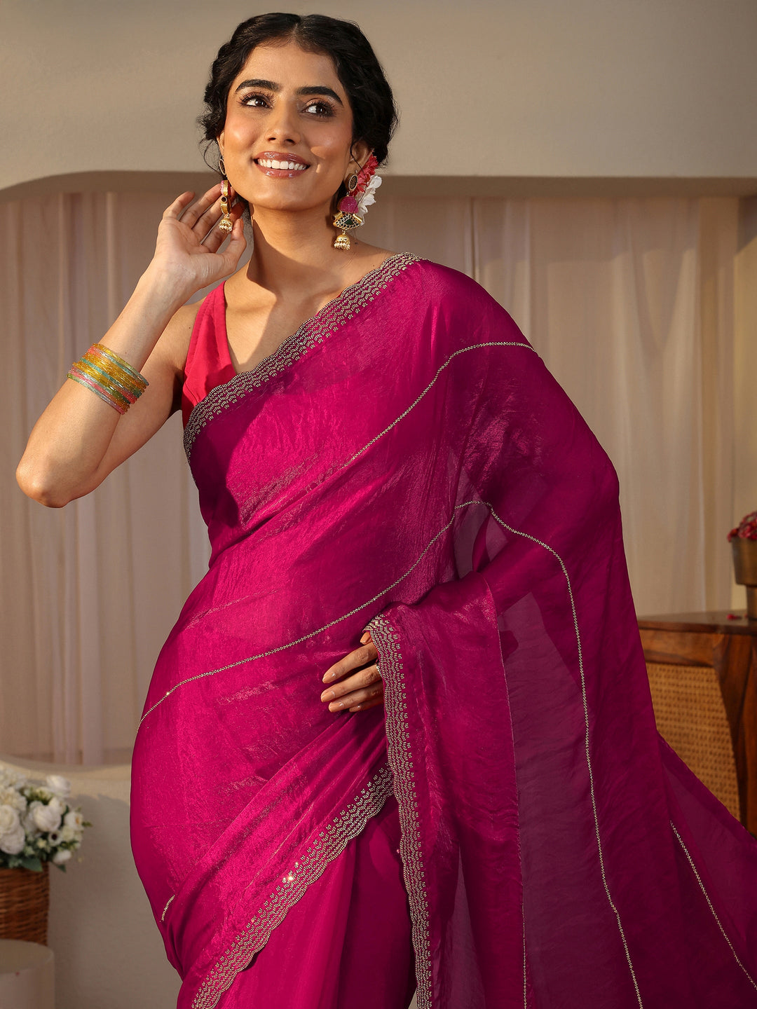  Pink Embellished Tissue Saree 