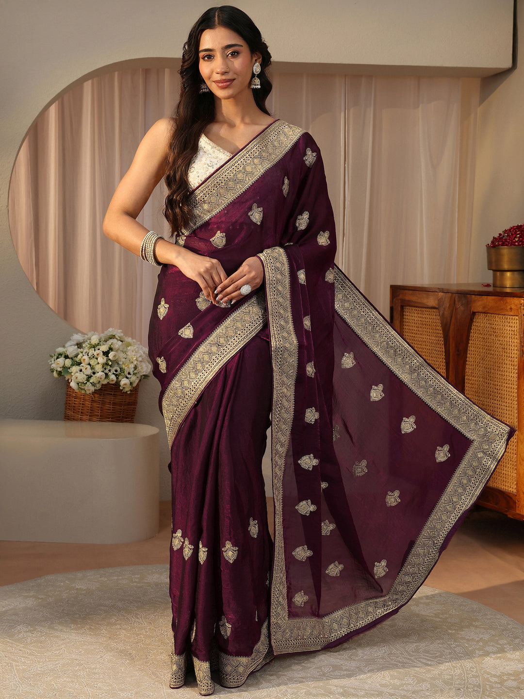  Burgundy Ethnic Embroidered Tissue Saree 