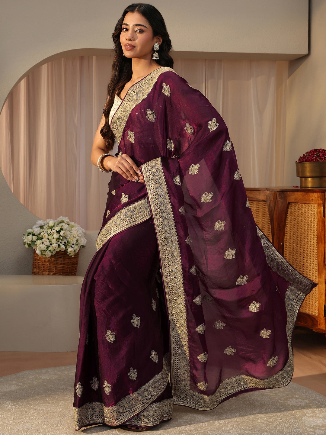  Burgundy Ethnic Embroidered Tissue Saree 