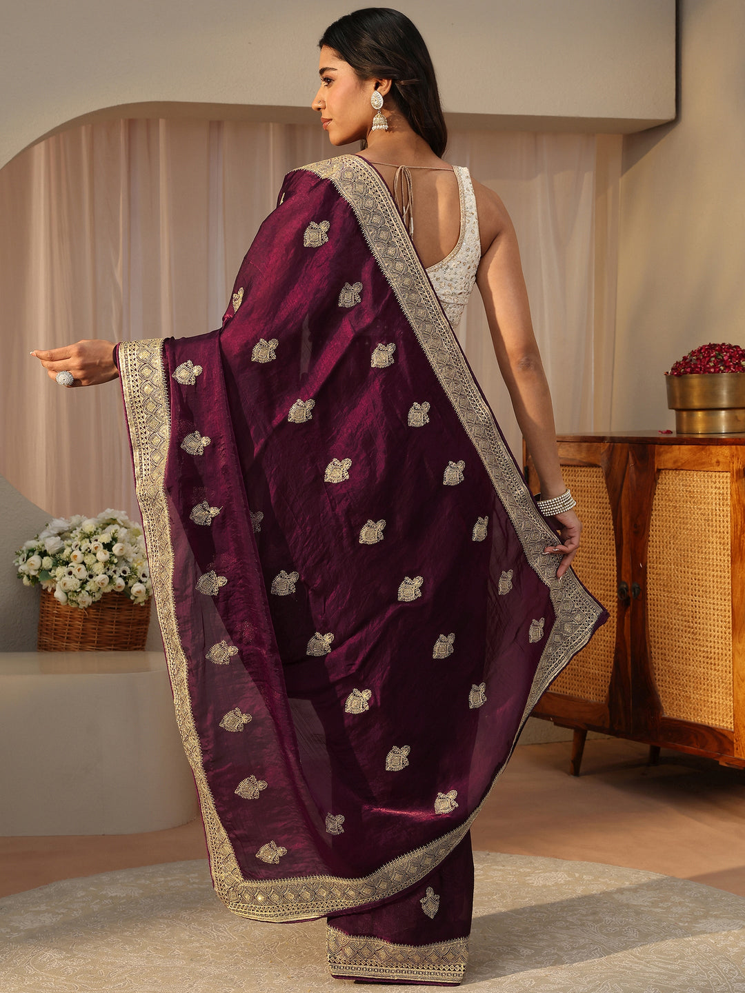  Burgundy Ethnic Embroidered Tissue Saree 