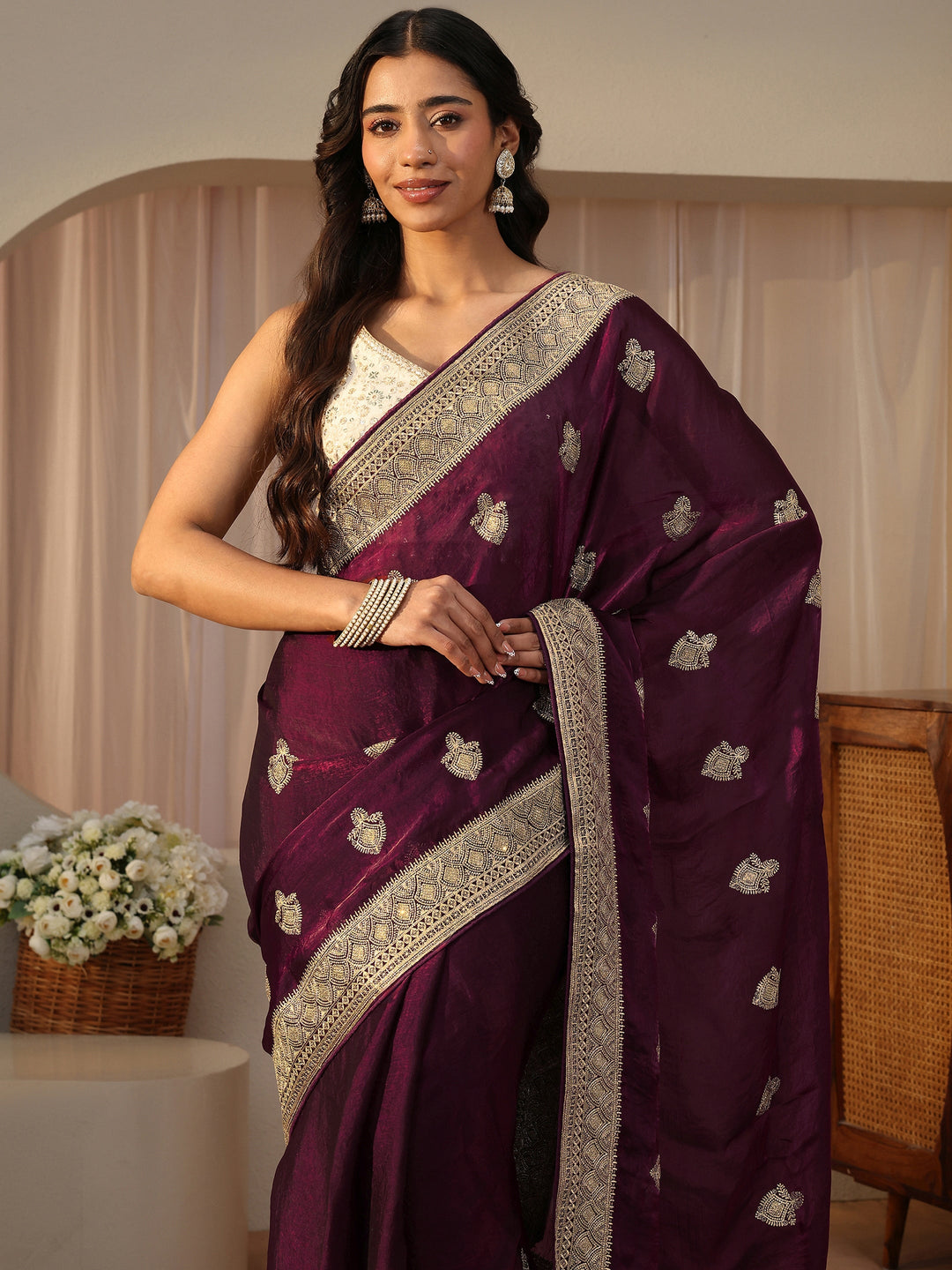  Burgundy Ethnic Embroidered Tissue Saree 